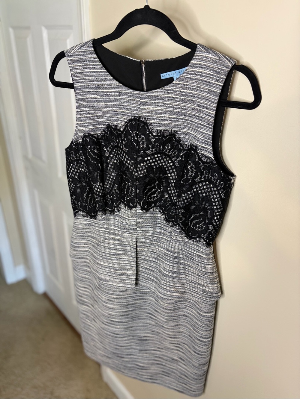 ANTONIO MELANI Gray Textured Sheath Dress with Black Lace #1318